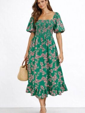 J. Crew Green Floral Smocked Midi Dress with Puff Sleeves